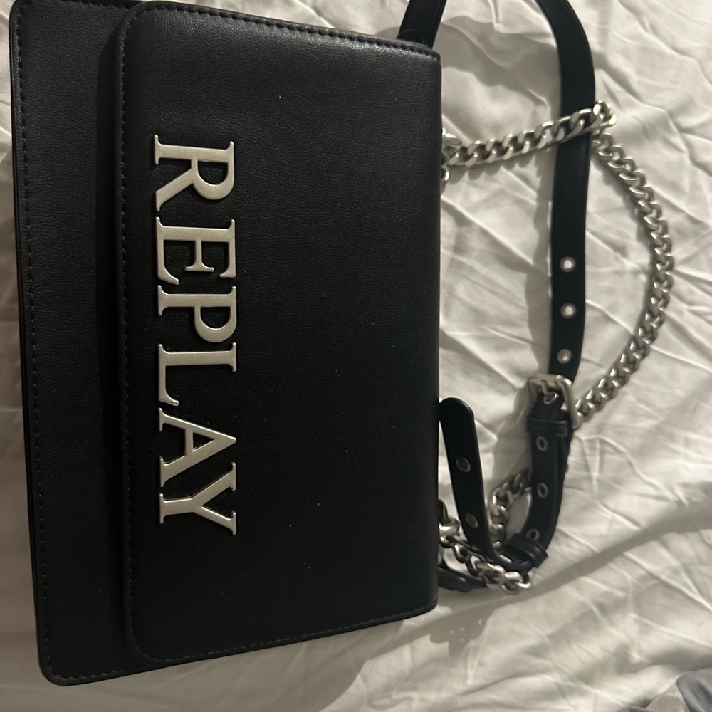Replay Black Shoulder Bag with Silver Logo & Chain